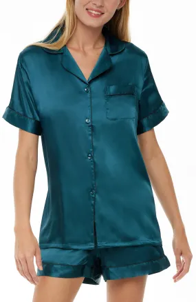 Women's Classic Satin Pajamas Set with Pockets, Short Sleeve PJs