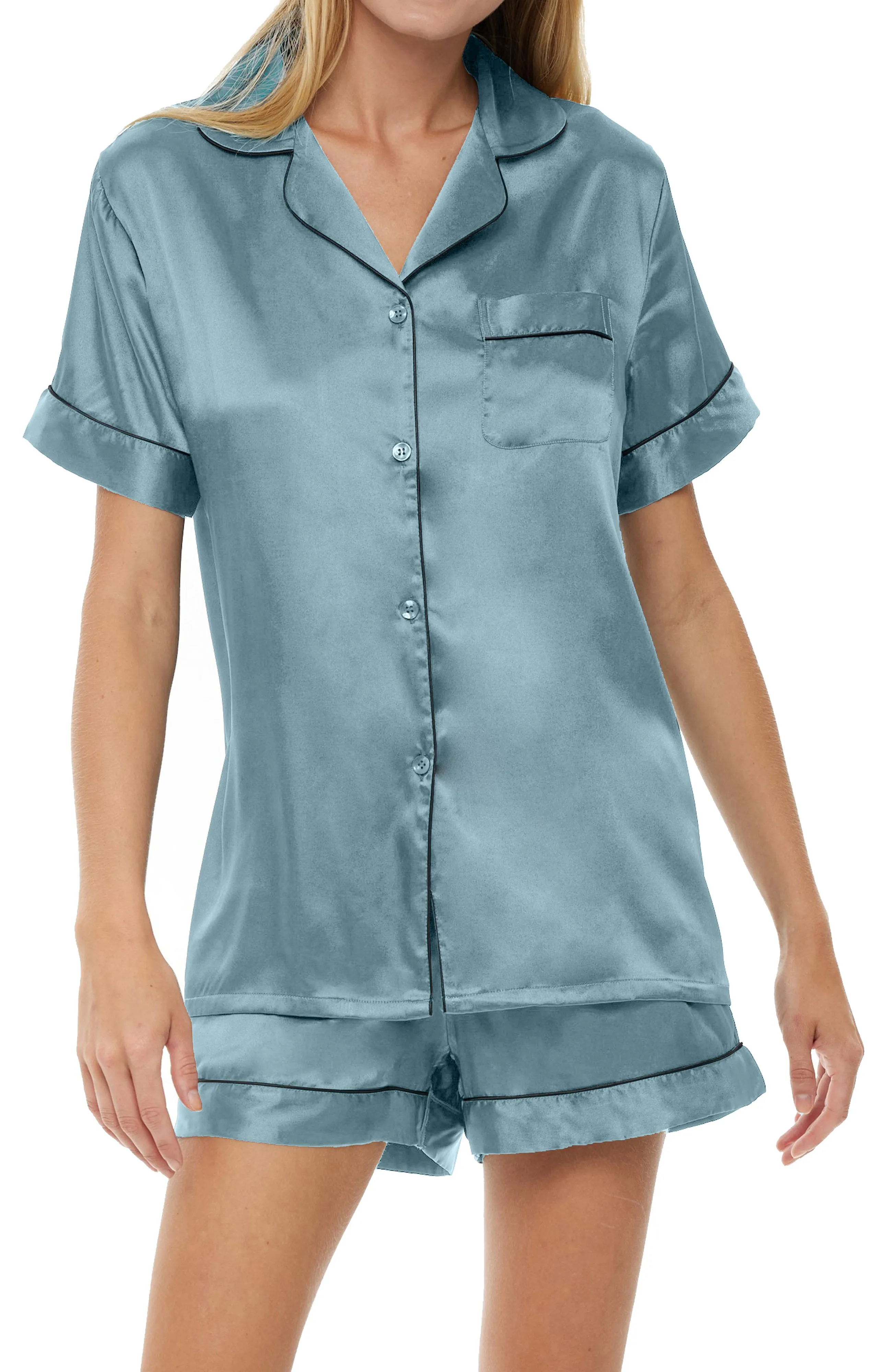 Women's Classic Satin Pajamas Set with Pockets, Short Sleeve PJs