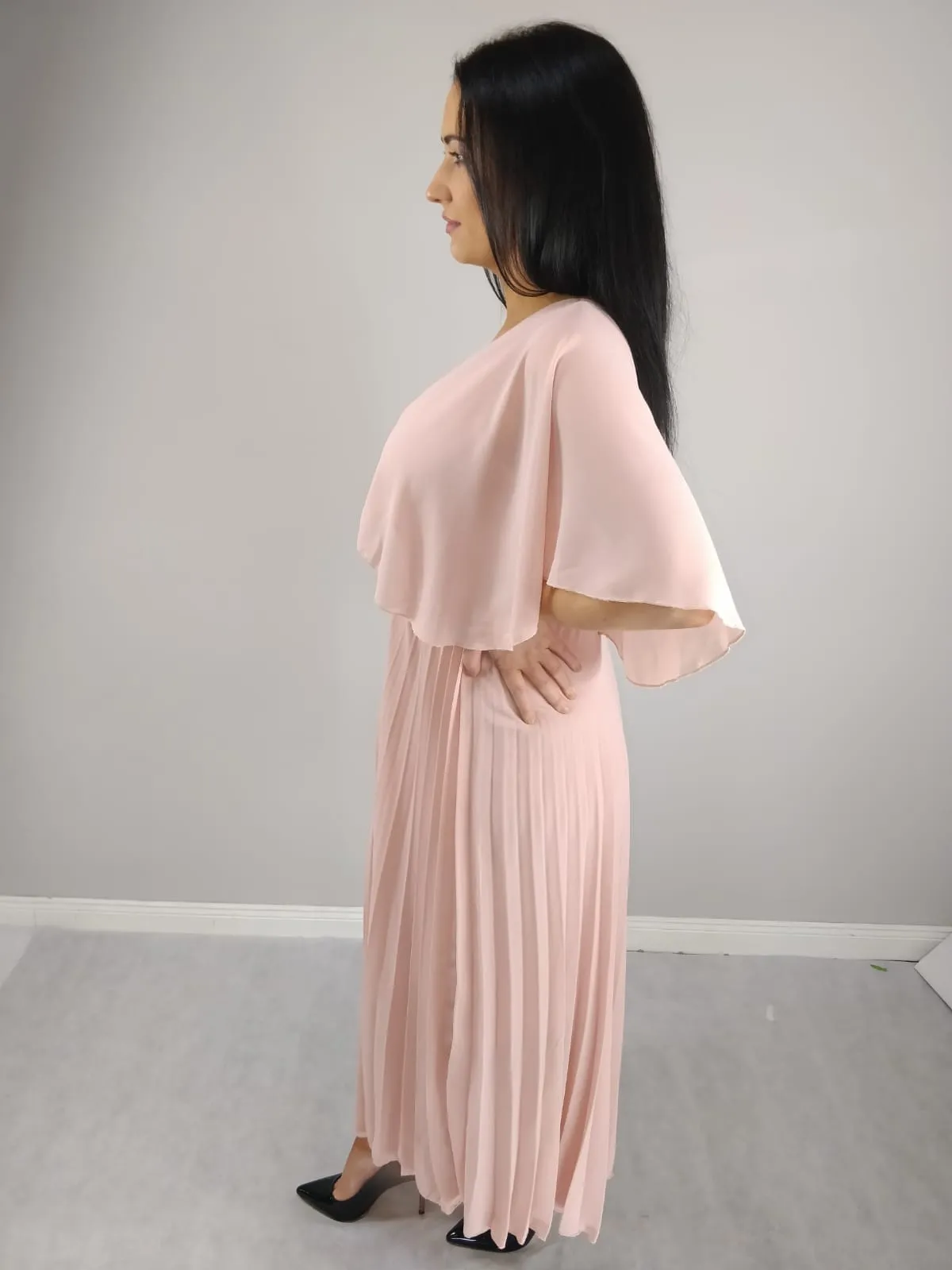 Yasmin Soft Pink Angel Sleeve Pleated Skirt Dress